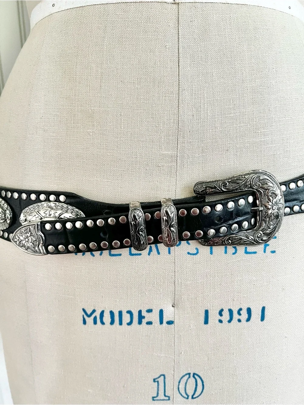 Authentic Vintage Leather Concho Western Black & Silver Belt